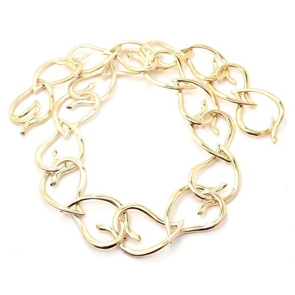 Authentic! Vintage Tiffany & Co 18k Yellow Gold Open Heart Leaf Link Necklace - Picture 7 of 11